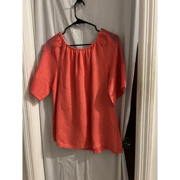 Terzo Millennio Salmon Orange Made In Italy Linen Crochet Shoulder Blouse Sz M - Picture 8 of 8